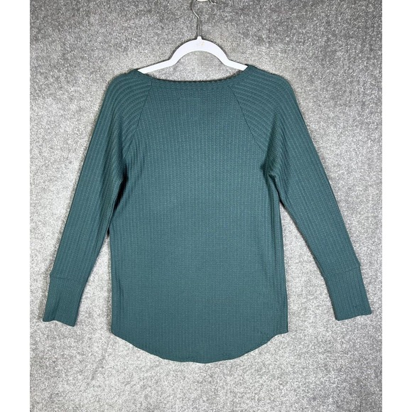 Chasor‎ Thermal Knit Button Cuff Pullover Top Womens Size Medium Teal Curved Hem - Picture 2 of 14